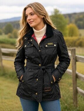 Barbour International Rainbow Bright Brass Nylon Canvas Belted Jacket Coat